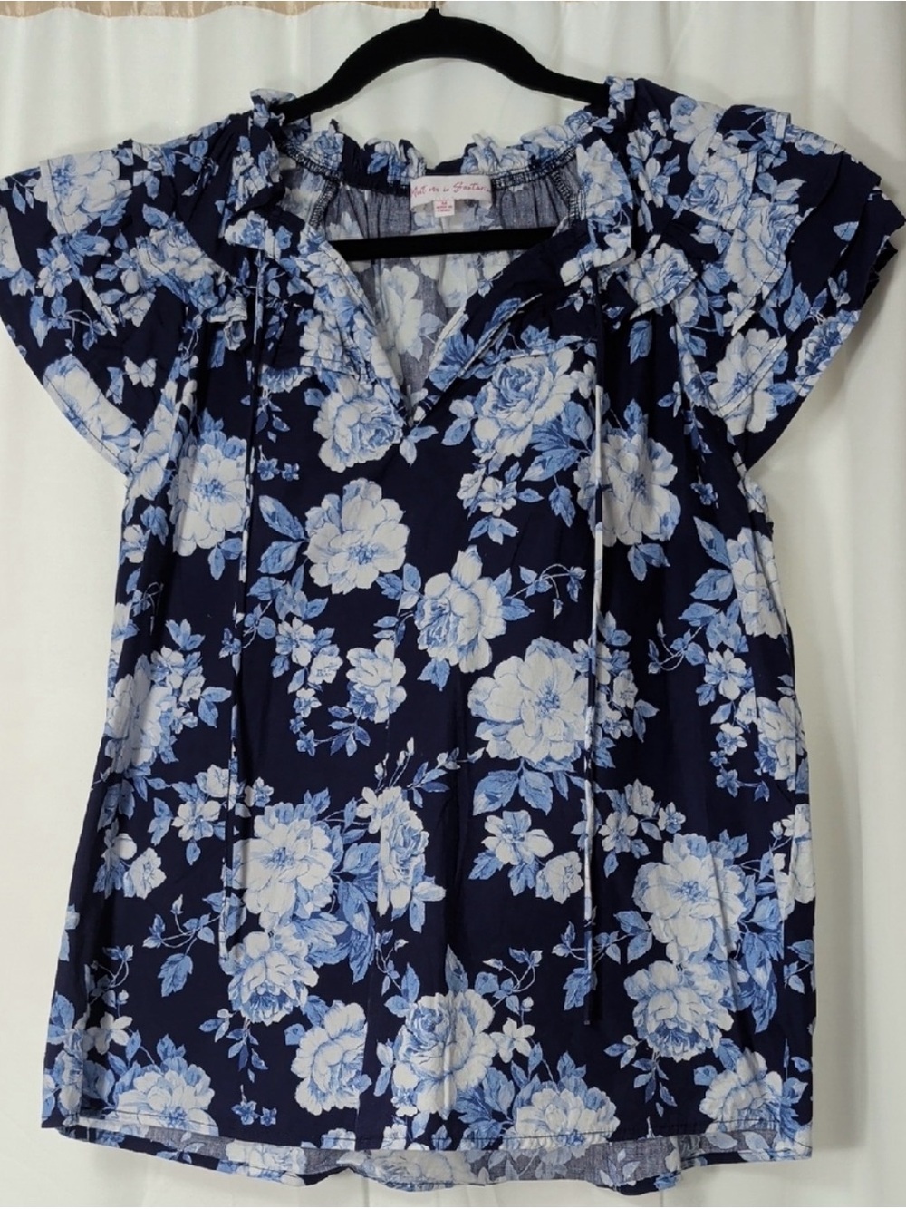 Navy Blue Floral Ruffle Sleeve Top